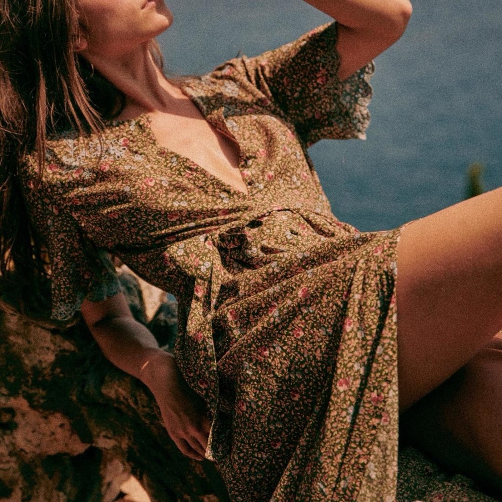 SEZANE Sz 34 4Marieke Dress Khaki Floral Short Sleeve Belted Cotton Viscose.